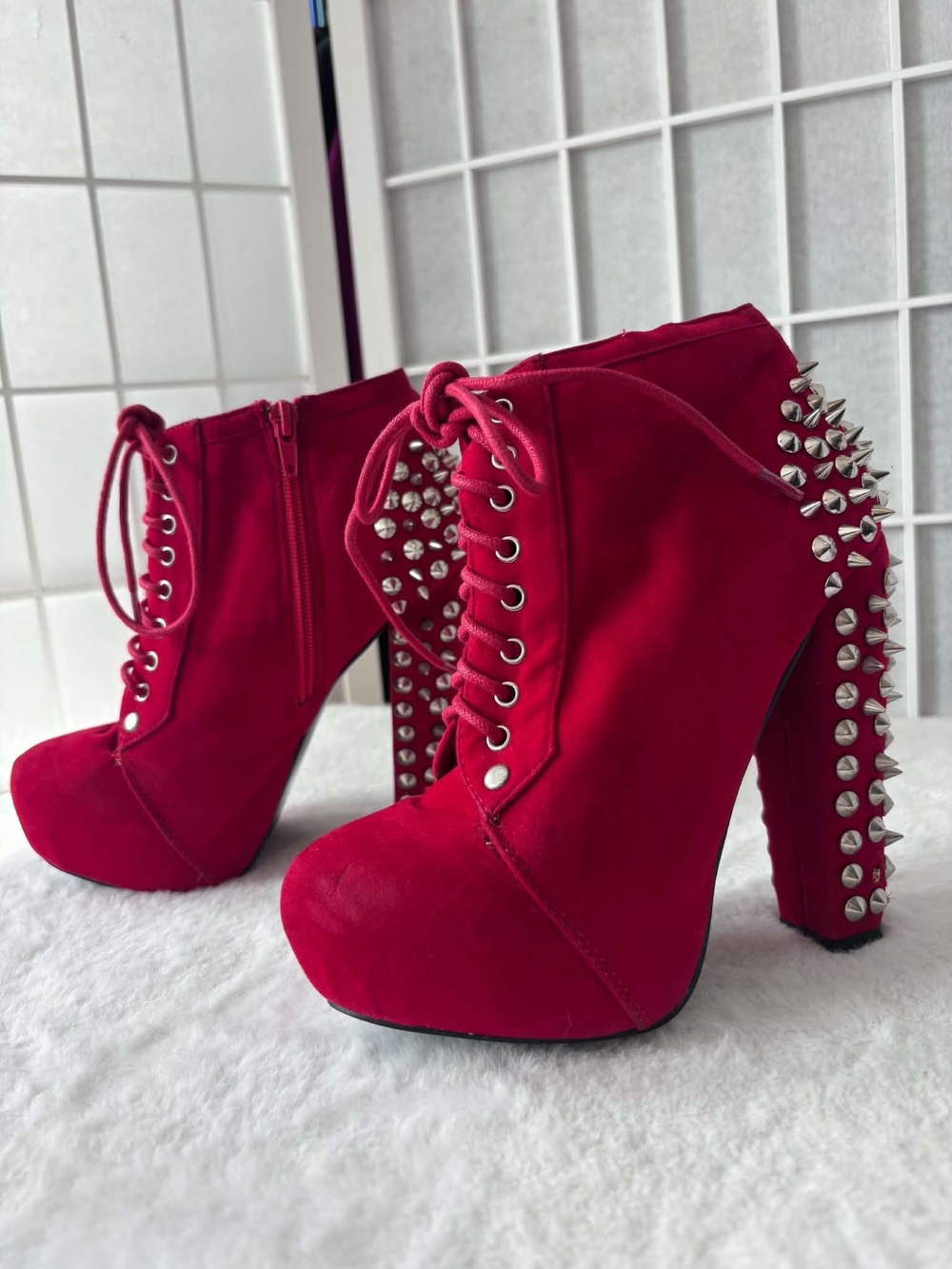 Jeffrey Campbell Red Studded Lace-Up Platform Ankle Boots